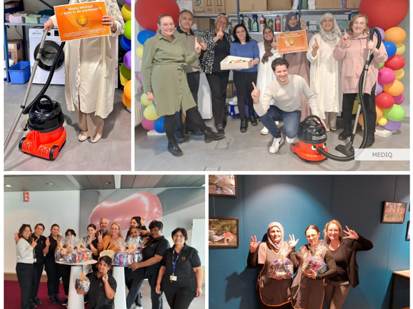 Collage groepsfoto's van schoonmaakmedewerkers bij hun opdrachtgevers