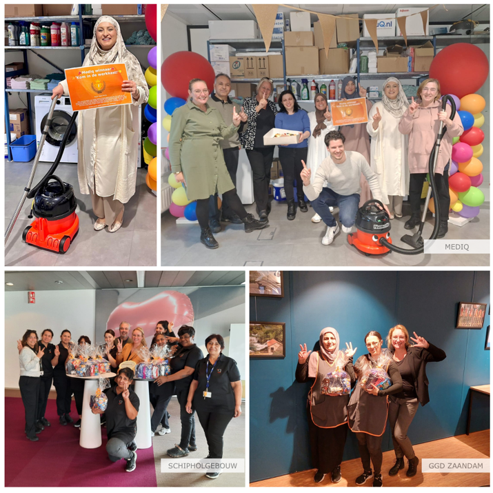 Collage groepsfoto's van schoonmaakmedewerkers bij hun opdrachtgevers