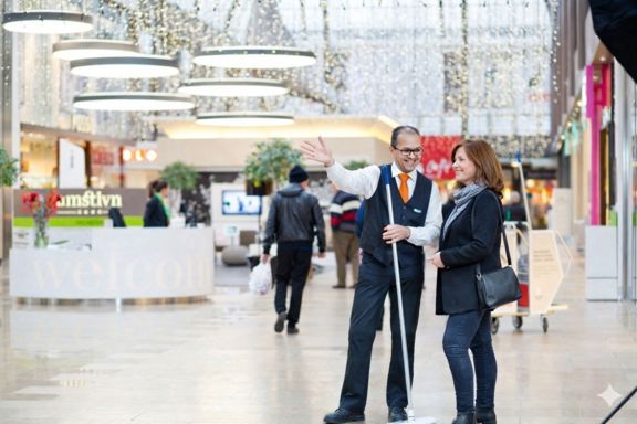 Facilitaire medewerker die een bezoeker in een winkelcentrum helpt